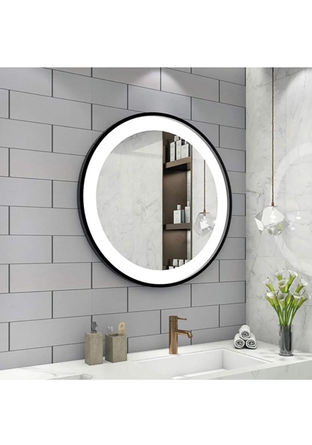 Round LED Bathroom Mirror with Black Frame image indicator(4)
