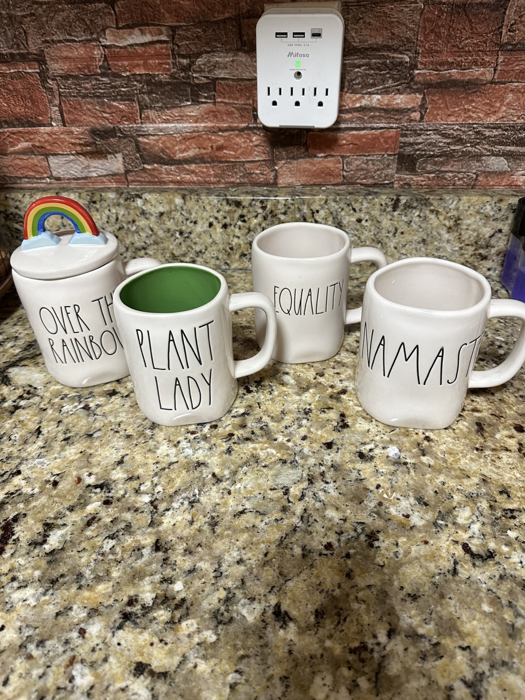 Set of 3 Rae Dunn Mugs and 1 canister