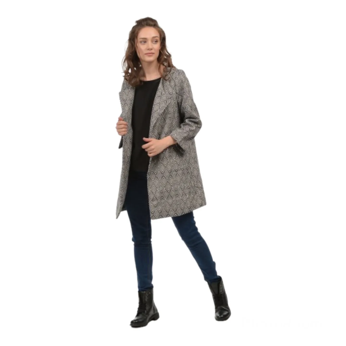 H&M White Black Patterned Coat Size 2 image indicator(9)