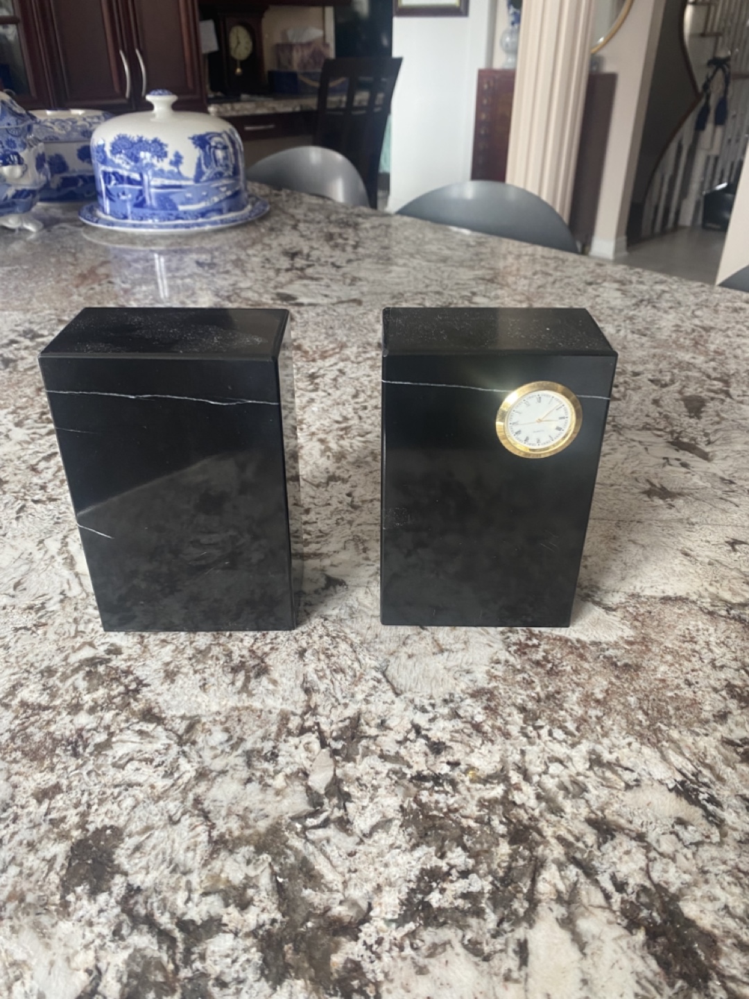 Pair of Black Marble Bookends with Clock