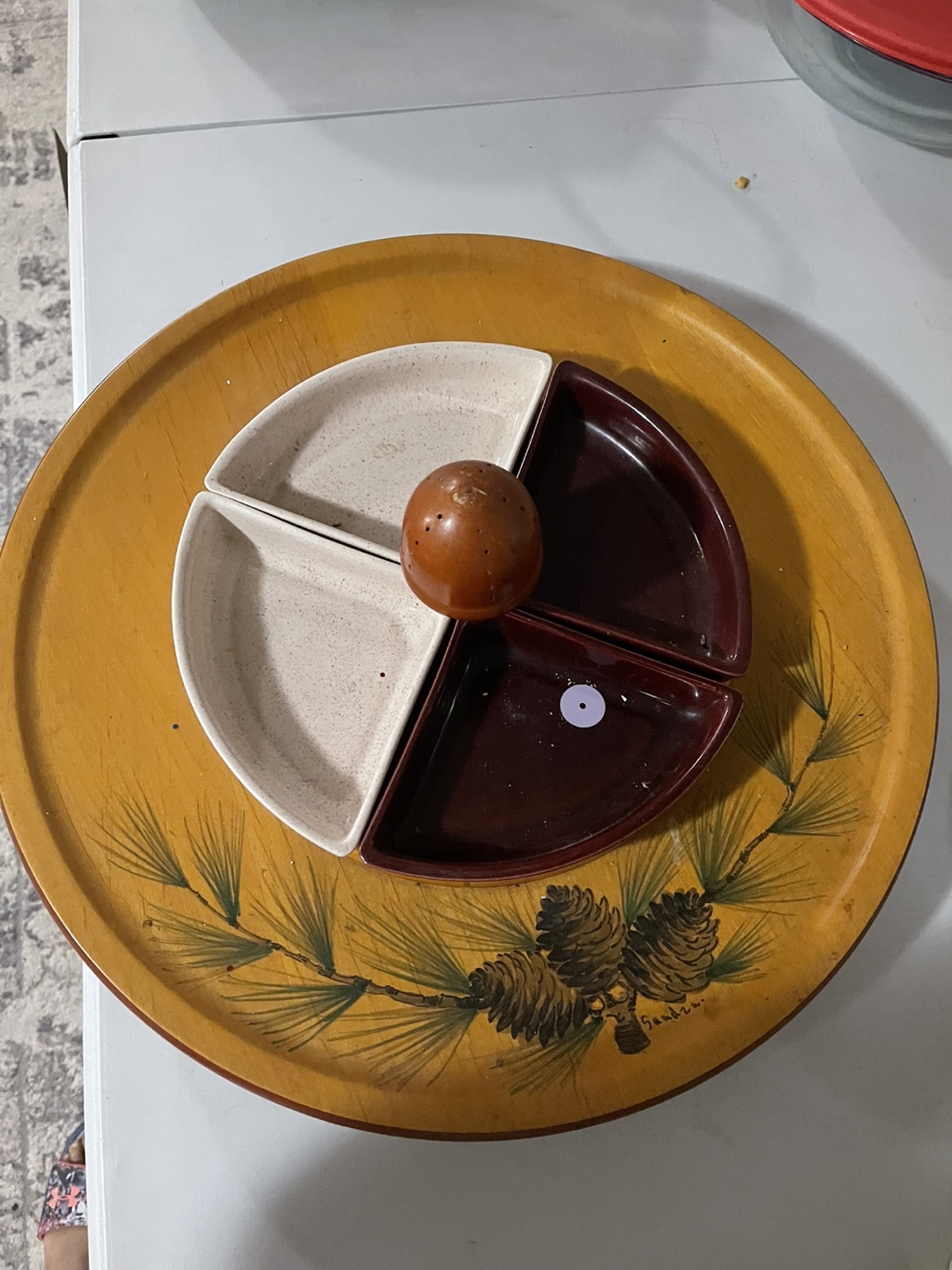 Vintage Wooden Serving Tray with Ceramic Dishes