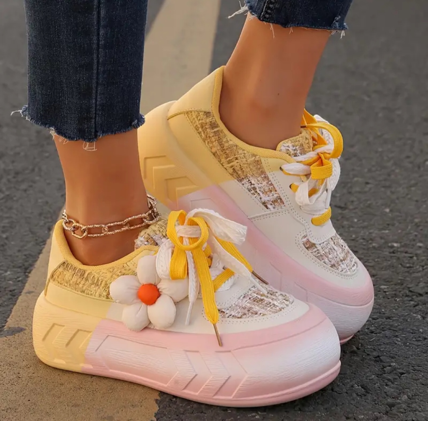 Platform Sneakers with Flower Accent