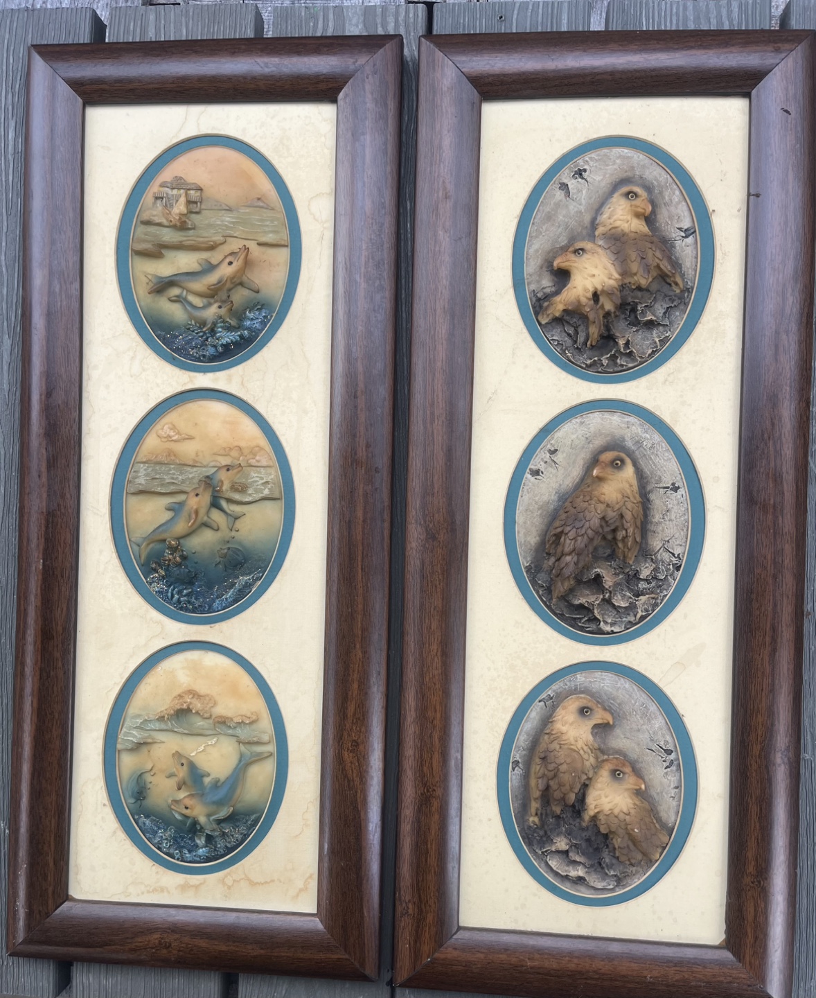 Pair of Framed Wildlife Wall Plaques - Dolphins & Eagles
