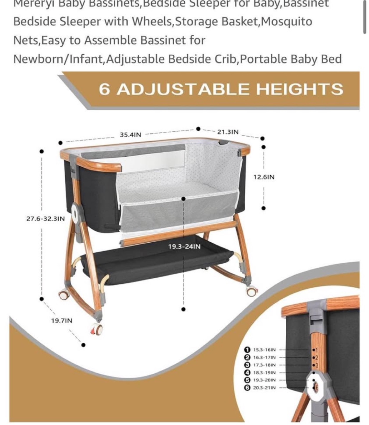 Mereryi Baby Bassinet with Wheels, Storage Basket & Mosquito Net - photo 5