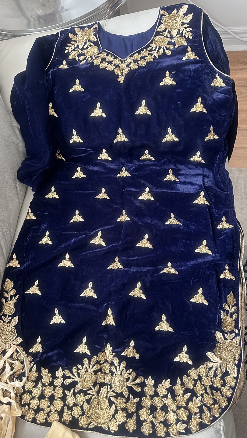 Beautiful Blue Velvet Salwar Kameez with Gold Embroidery