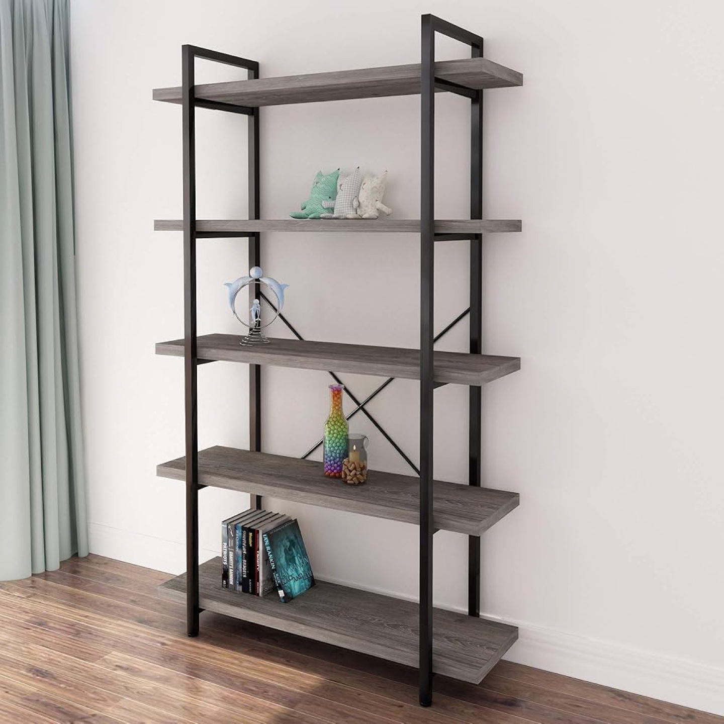 5-Tier Industrial Bookcase - Grey Wood and Black Metal