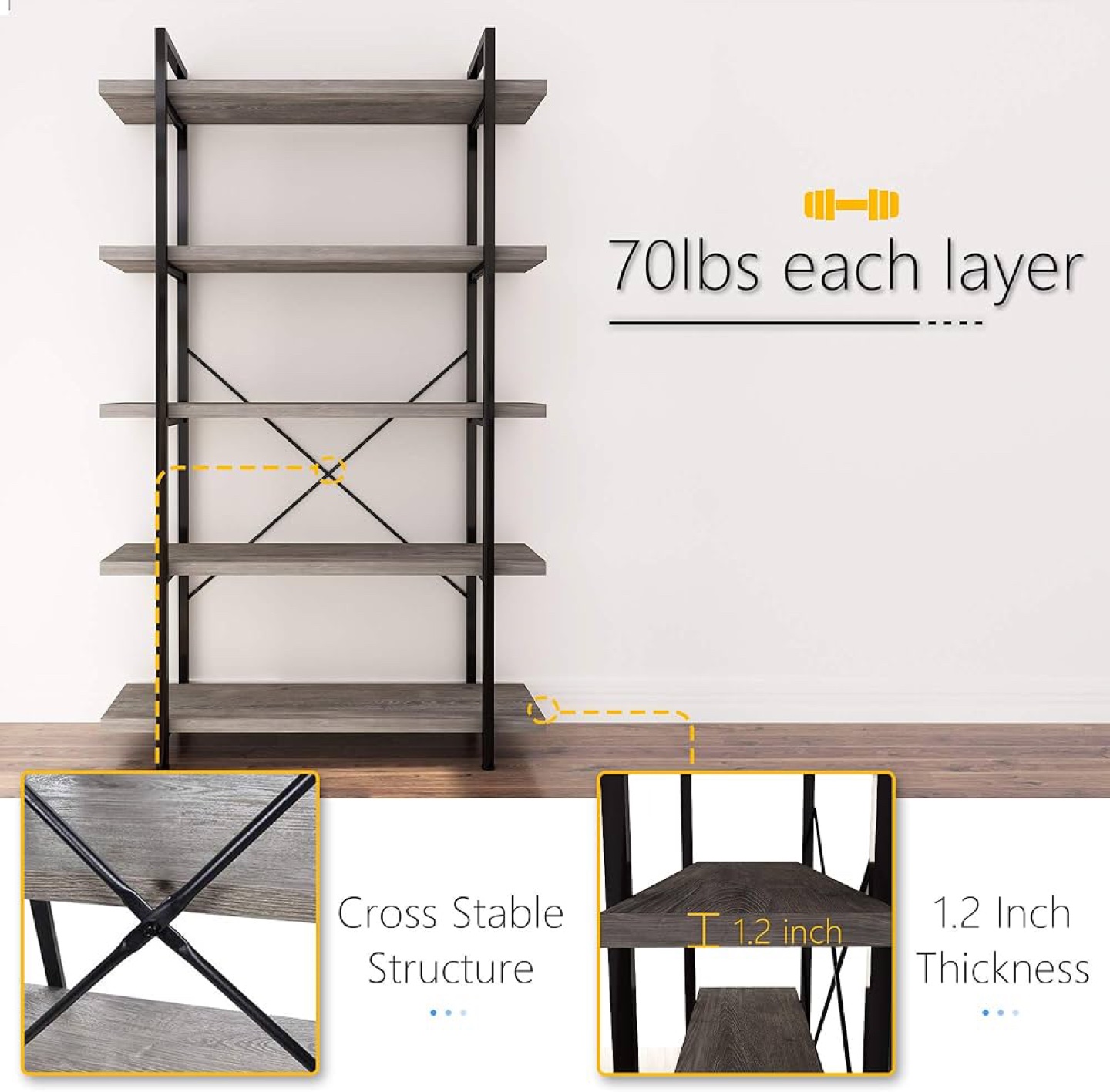 5-Tier Industrial Bookcase - Grey Wood and Black Metal - photo 4