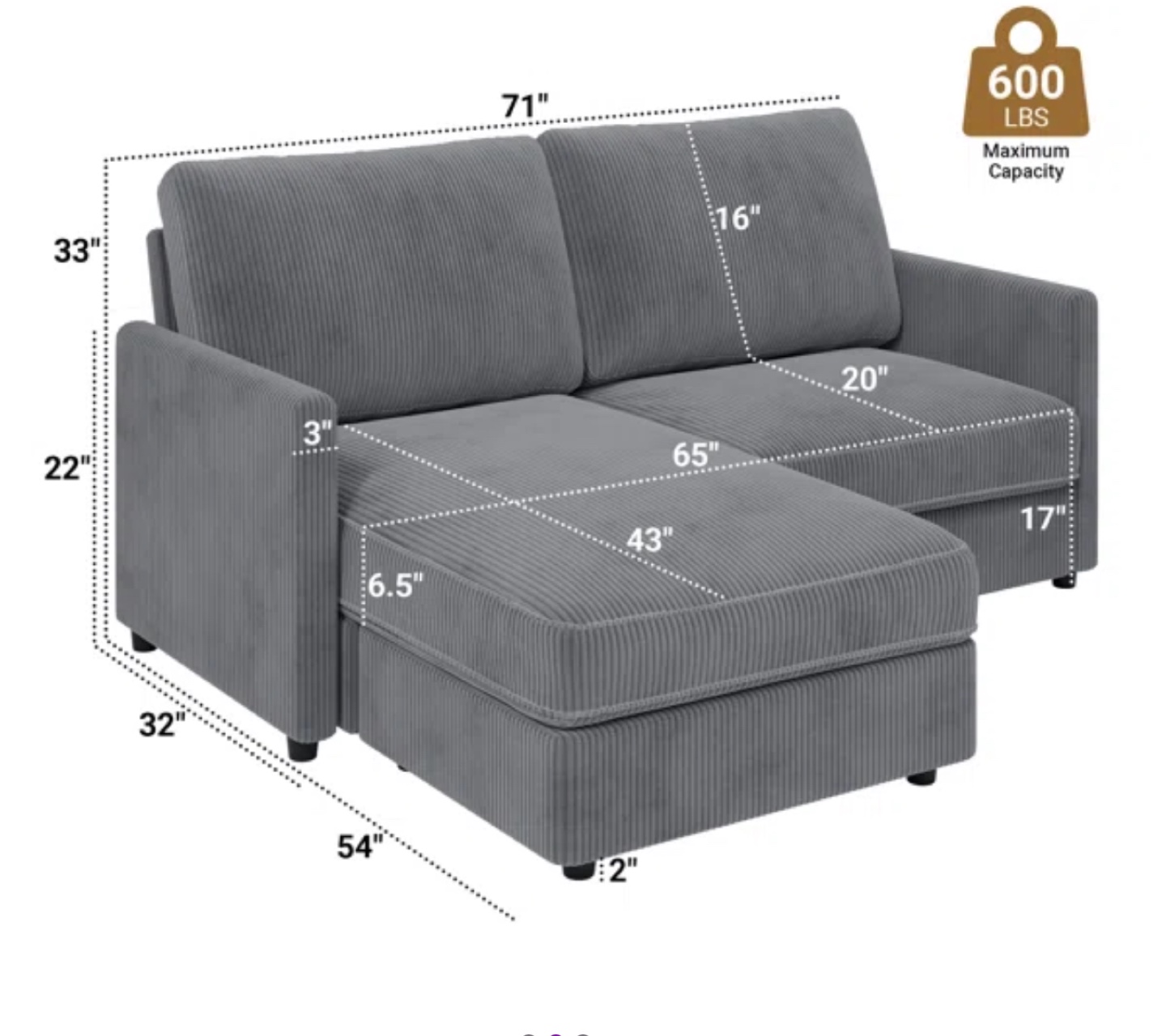 Brand New Grey Corduroy Sectional Sofa in box - photo 3