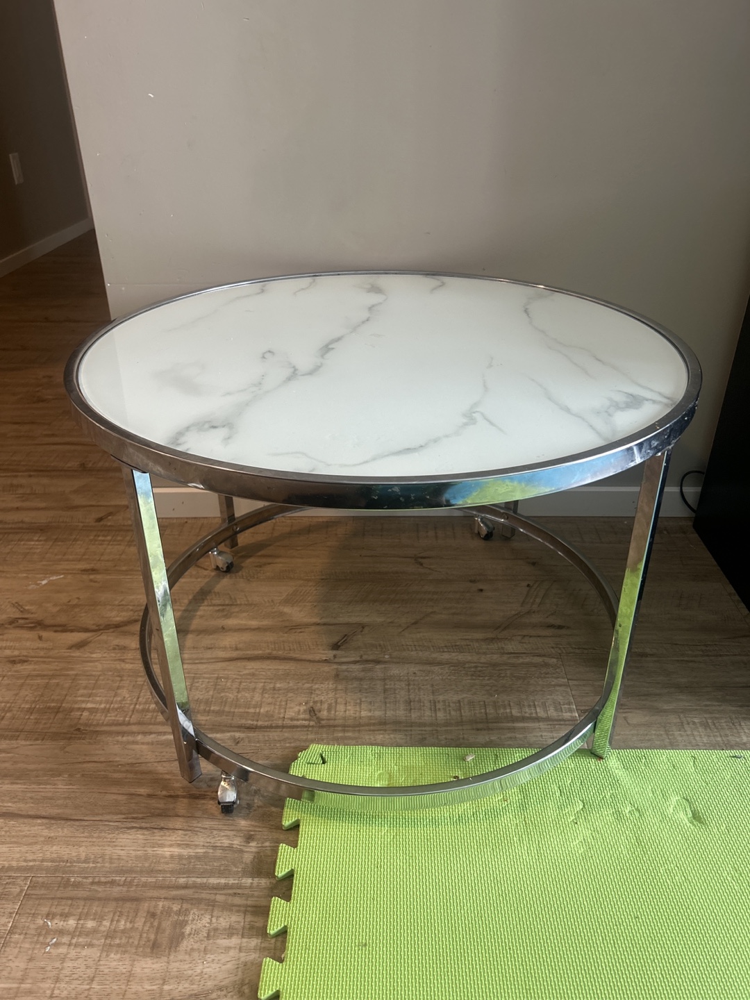 Round Glass Marble-Top Accent Table on Wheels