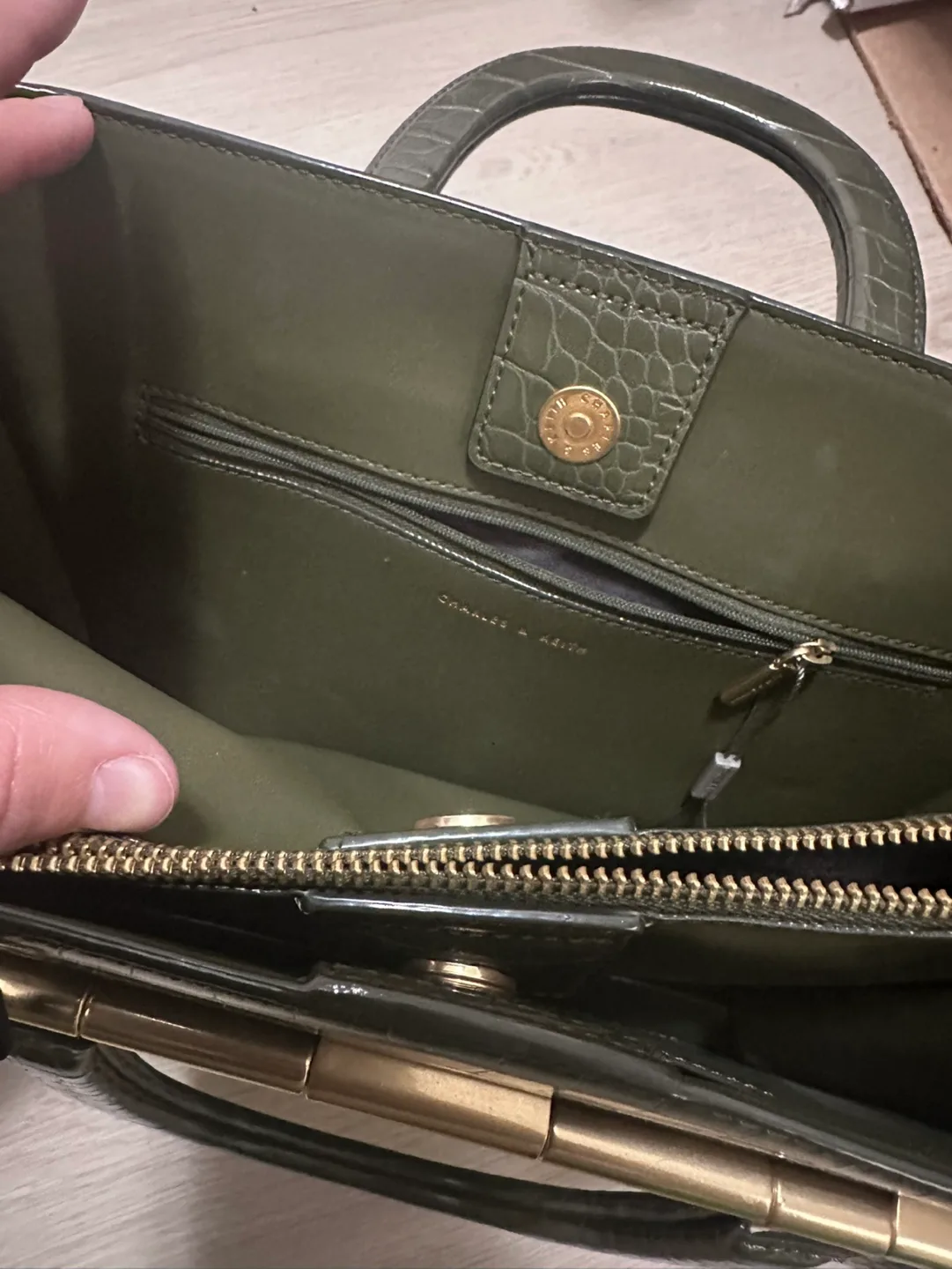 Charles & Keith Olive Green Crocodile-Embossed Handbag image indicator(3)