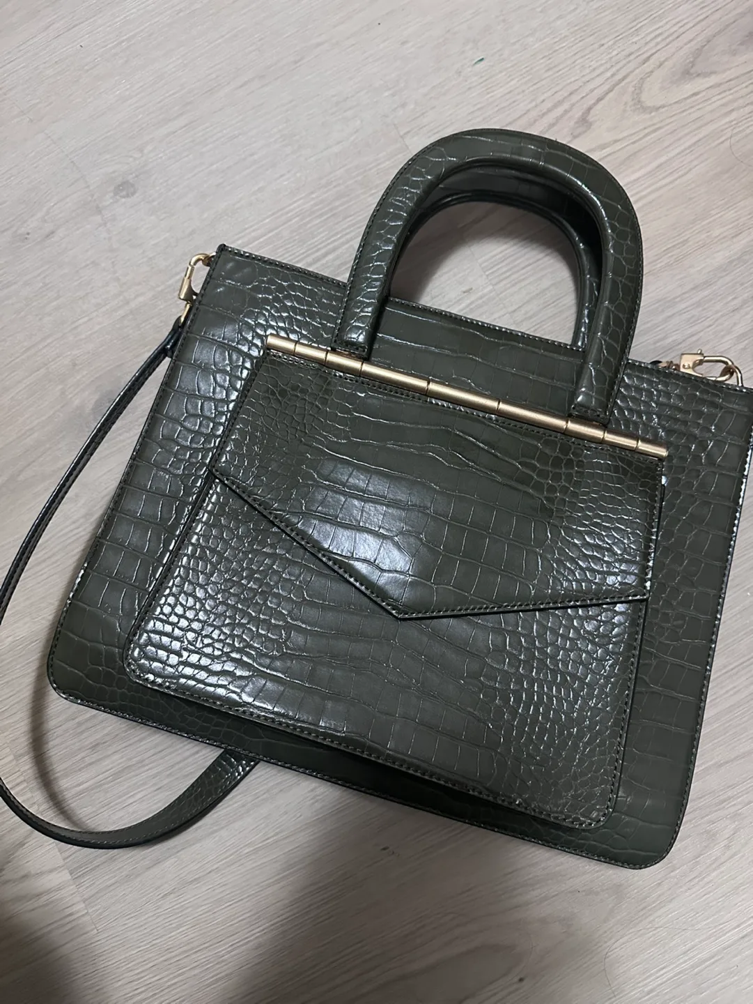 Charles & Keith Olive Green Crocodile-Embossed Handbag image indicator(2)