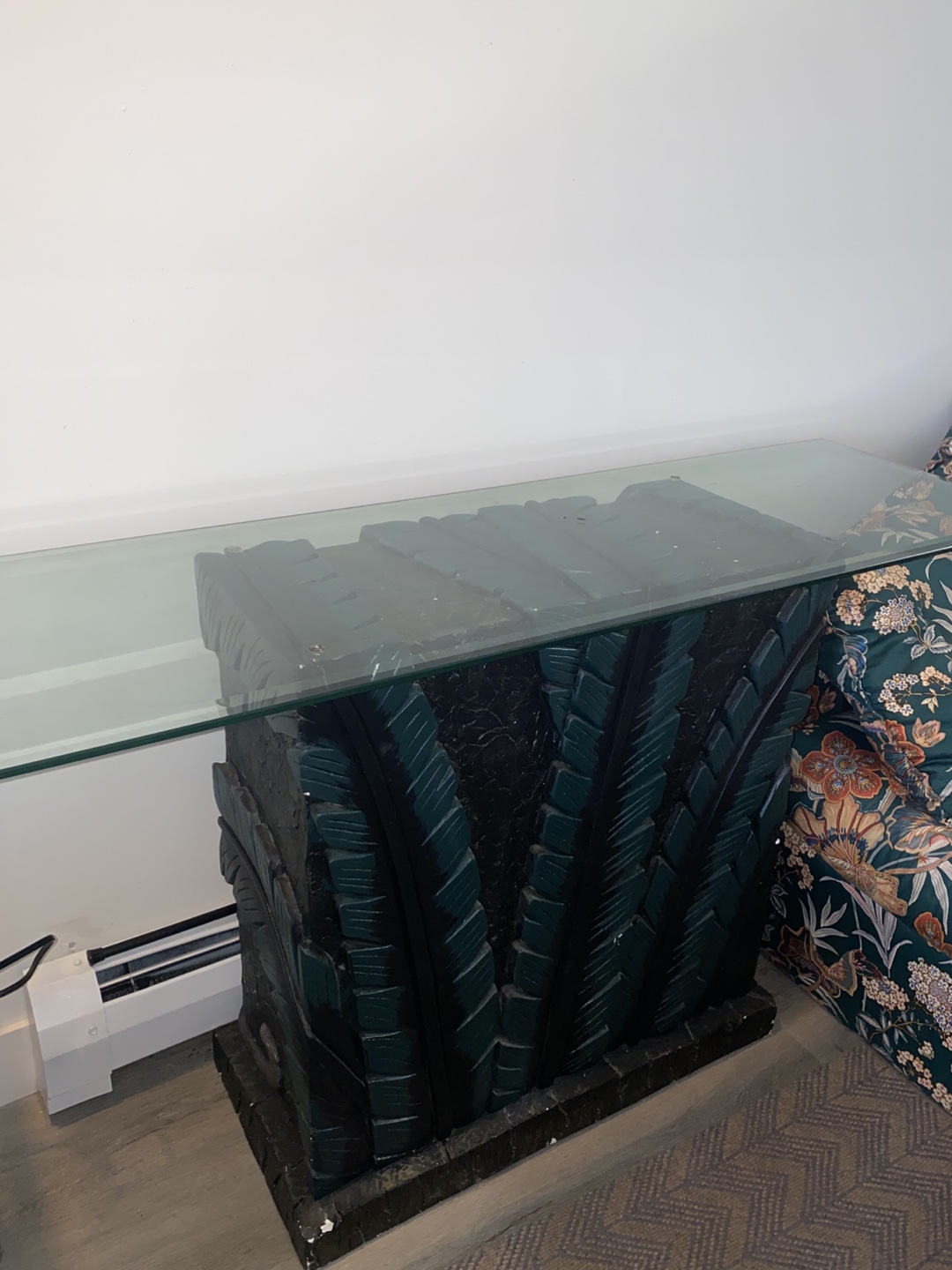 Unique Carved Wood Console Table with Glass Top