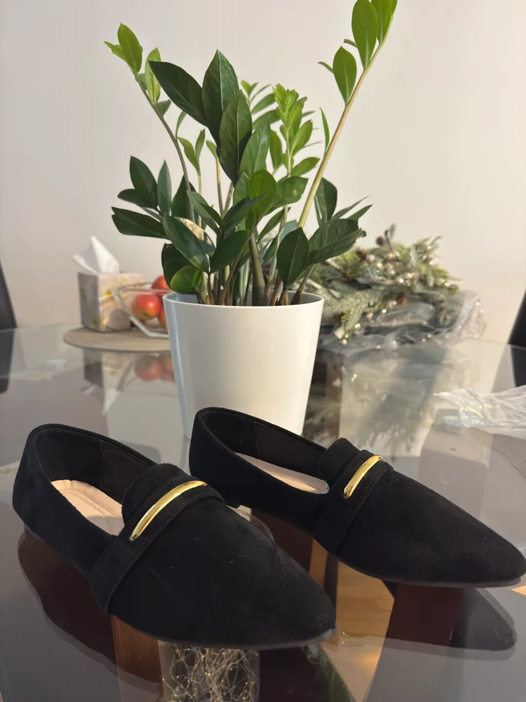Black Suede Pointed-Toe Flats with Gold Accent image indicator(4)