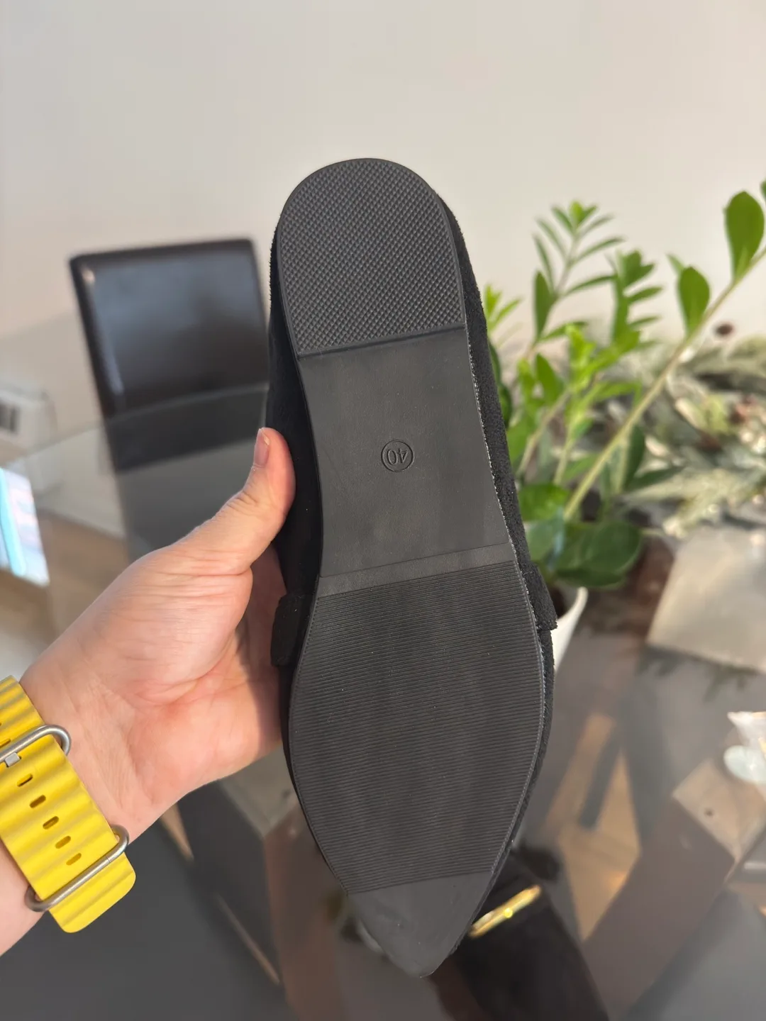 Black Suede Pointed-Toe Flats with Gold Accent image indicator(2)