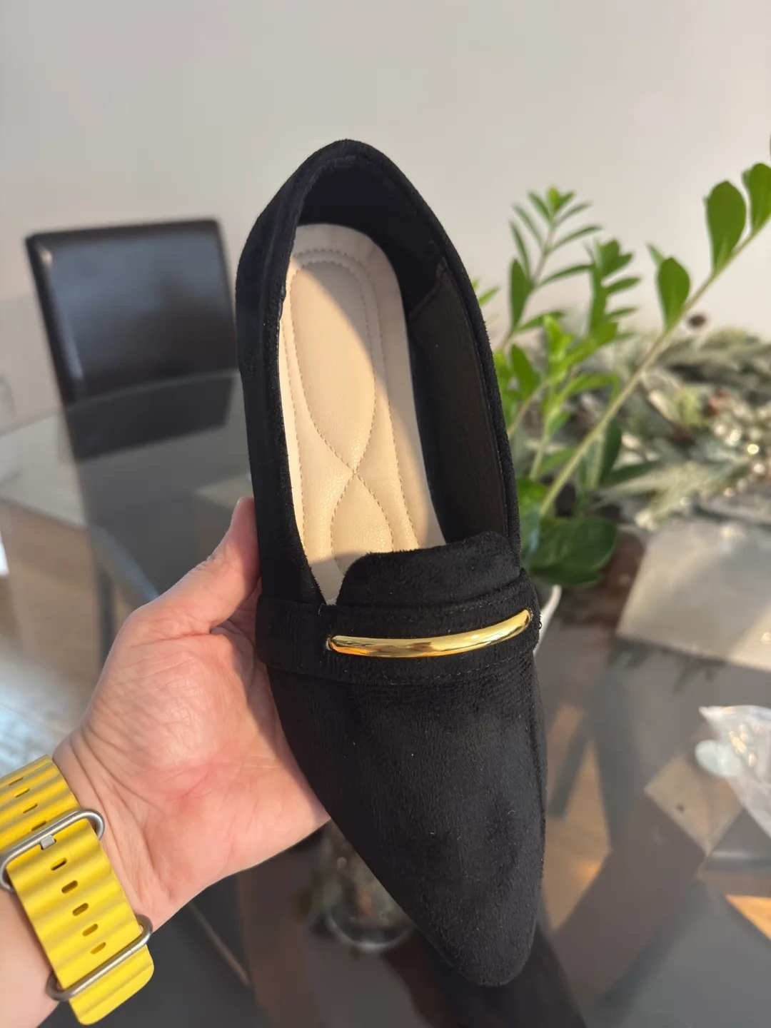 Black Suede Pointed-Toe Flats with Gold Accent image indicator(3)