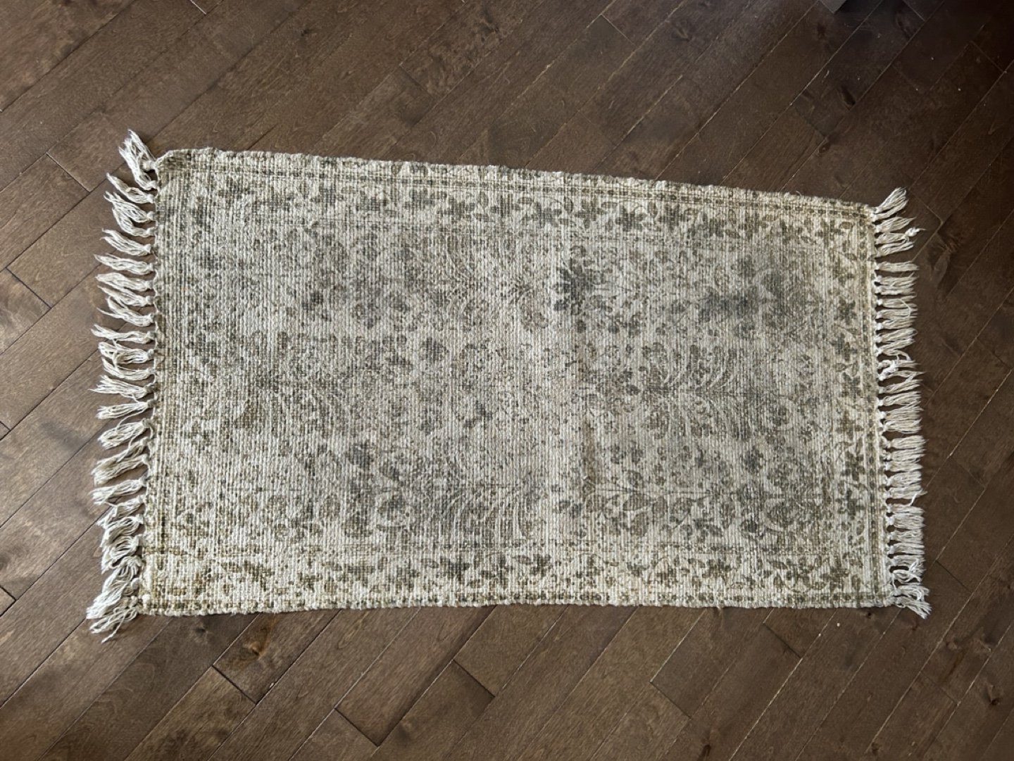 Beige and Olive Green Woven Rug with Tassels