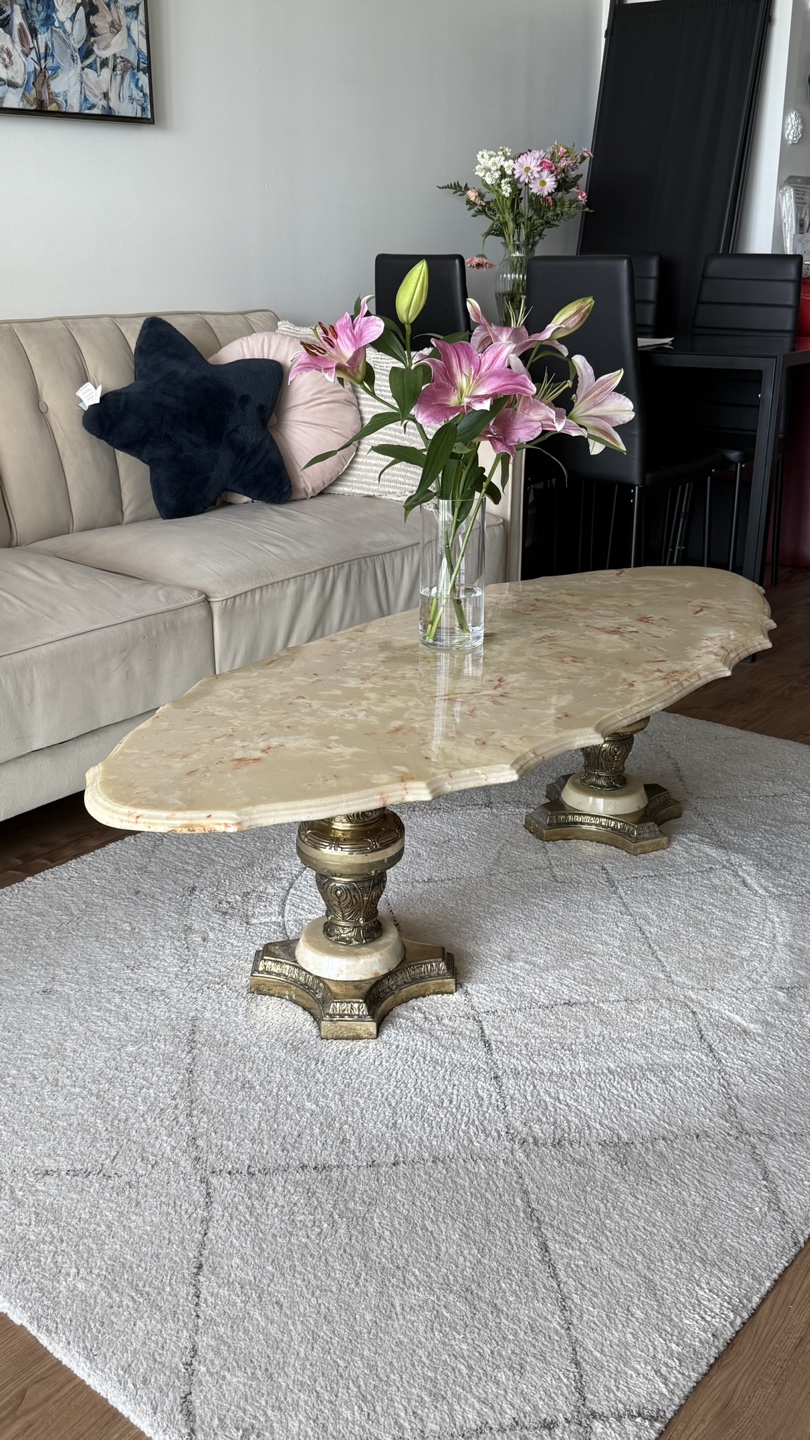 Vintage Oval Marble Coffee Table with Brass Pedestal Base