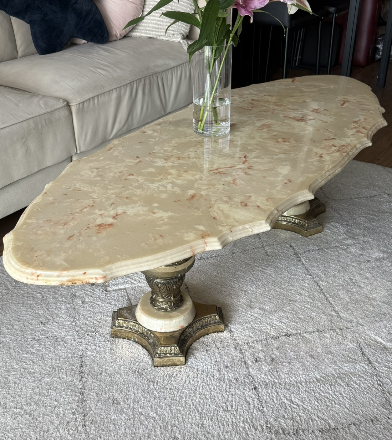Vintage Oval Marble Coffee Table with Brass Pedestal Base - photo 3