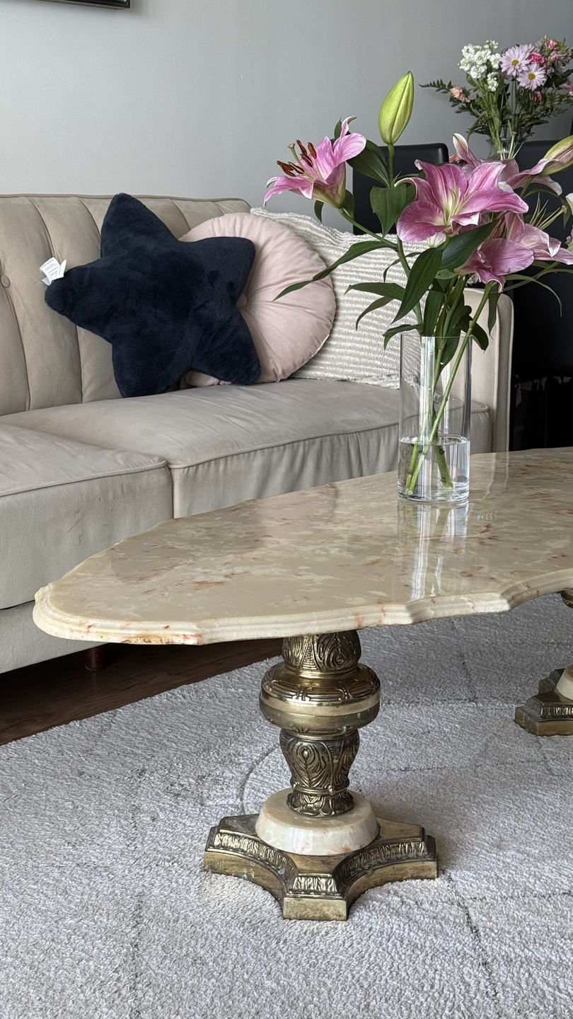 Vintage Oval Marble Coffee Table with Brass Pedestal Base - photo 2