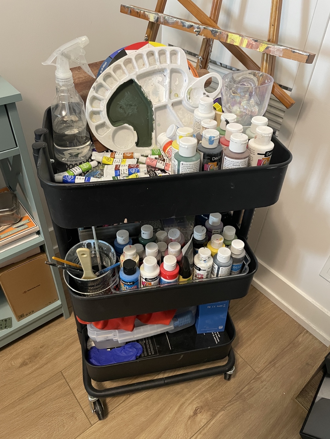 Artist Supply Cart with Paints and Accessories