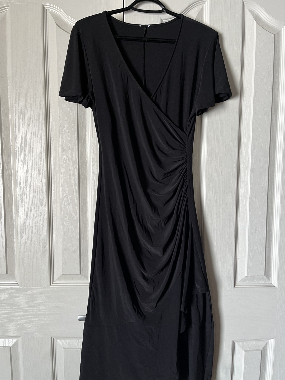 Black midi dress, short sleeves, wrap style