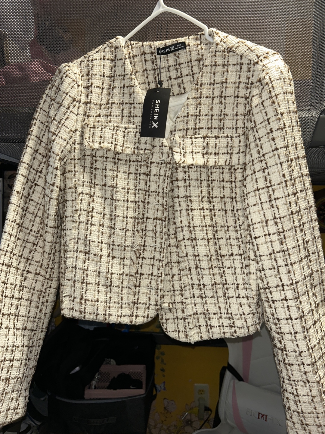 SHEIN X Brown and White Tweed Jacket