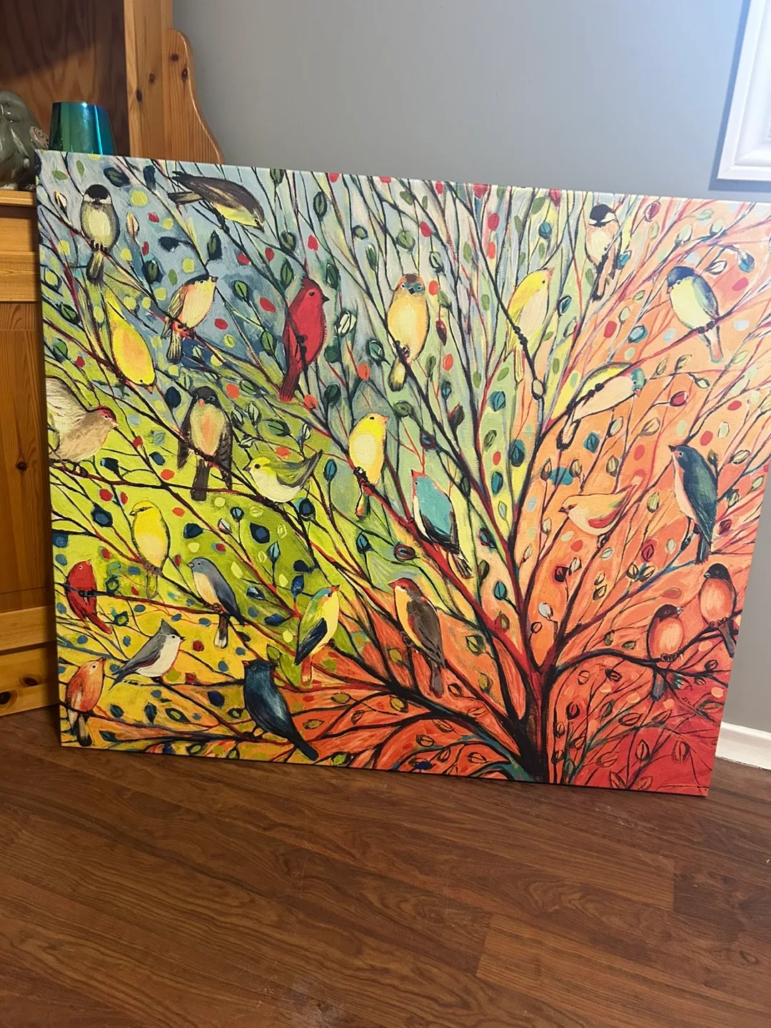 Large colourful bird canvas wall art thumbnail