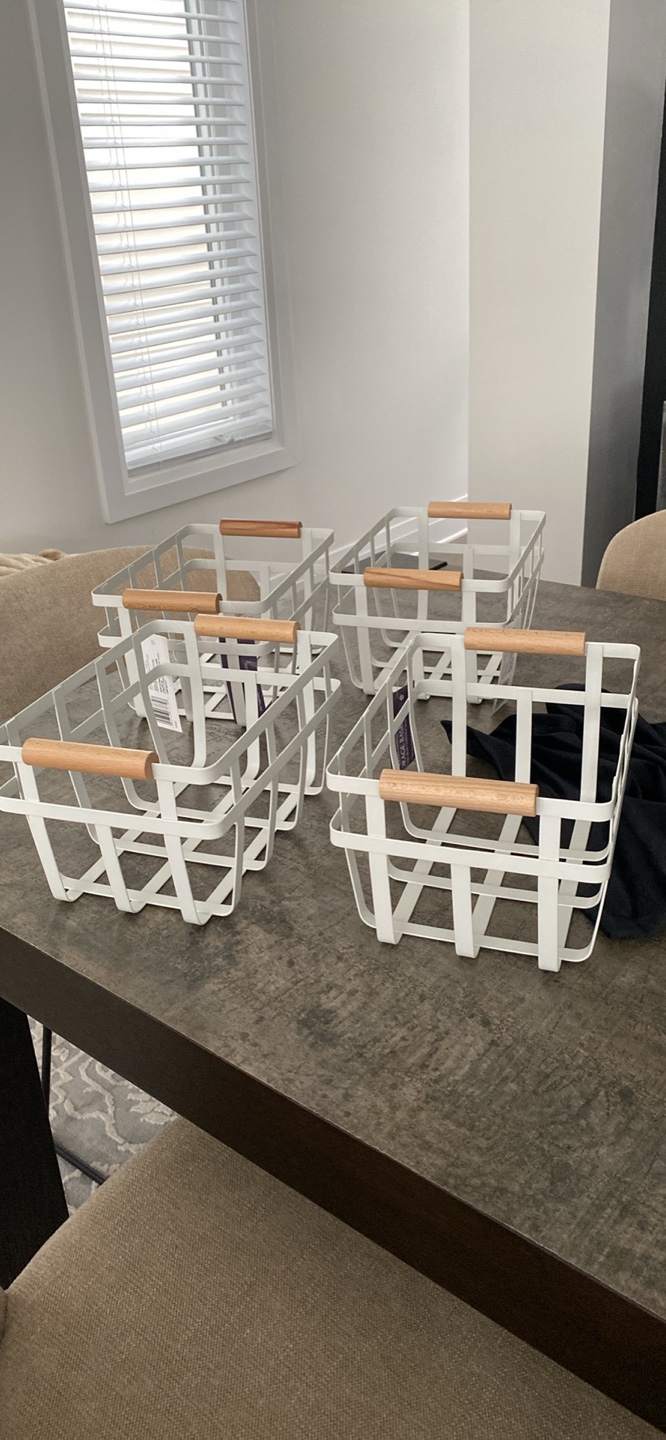white wire storage metal baskets with wooden handles