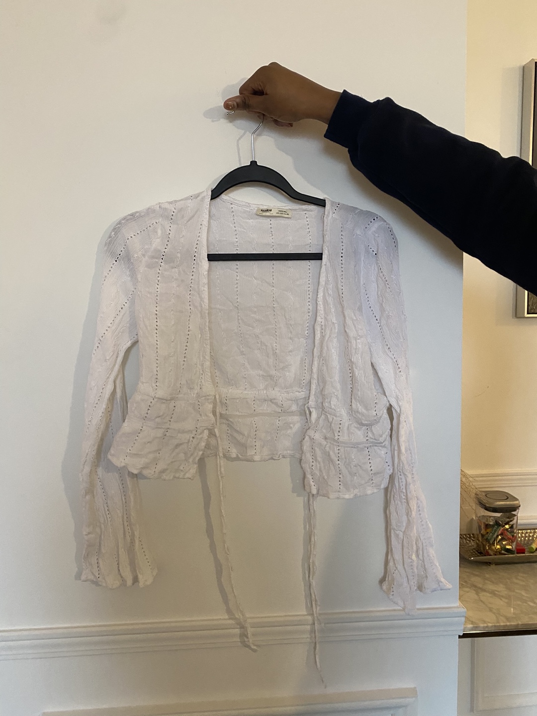 White eyelet tie-front cropped blouse