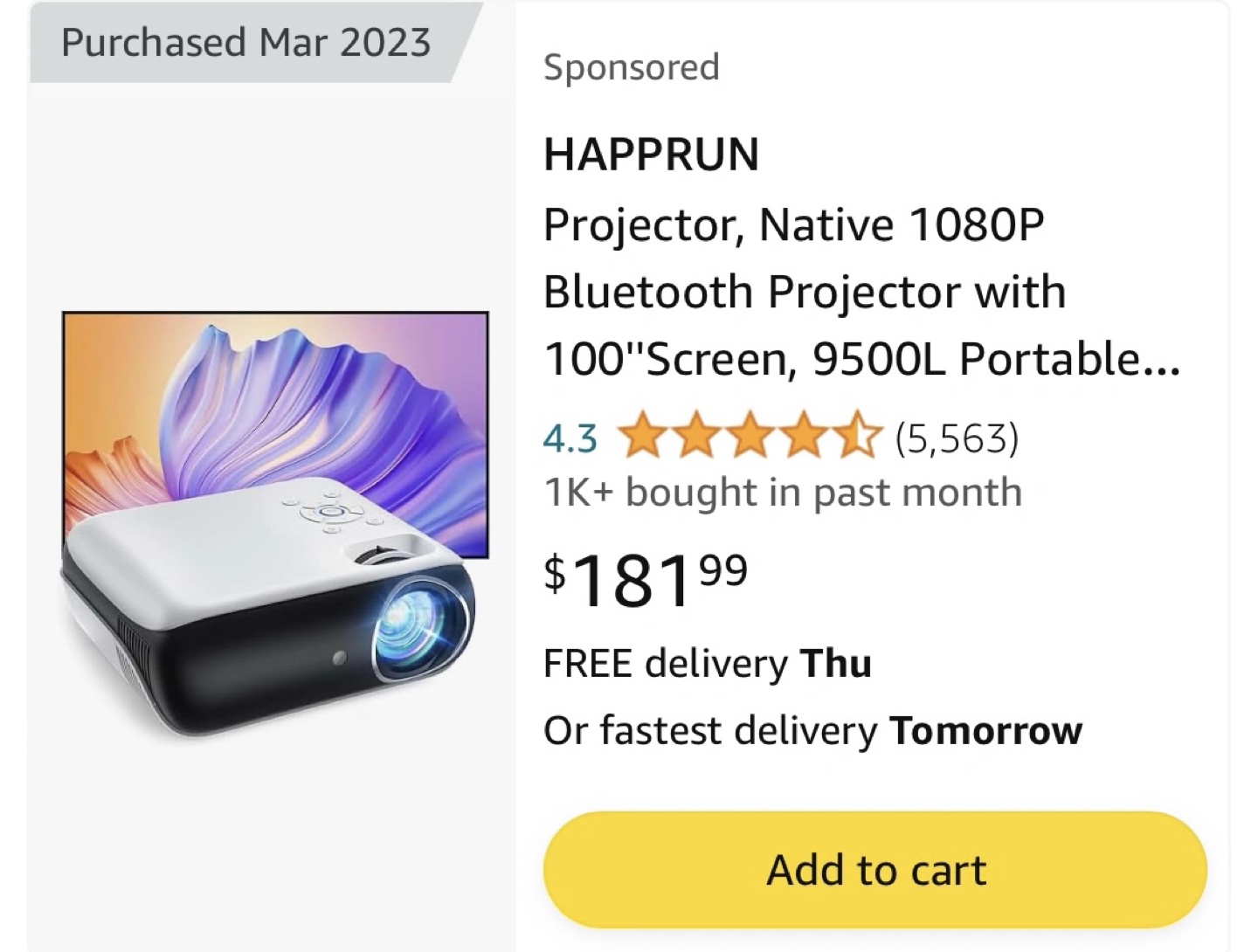 HAPPRUN 1080P Bluetooth Projector, with Box (Bought for CAD 180) - photo 2