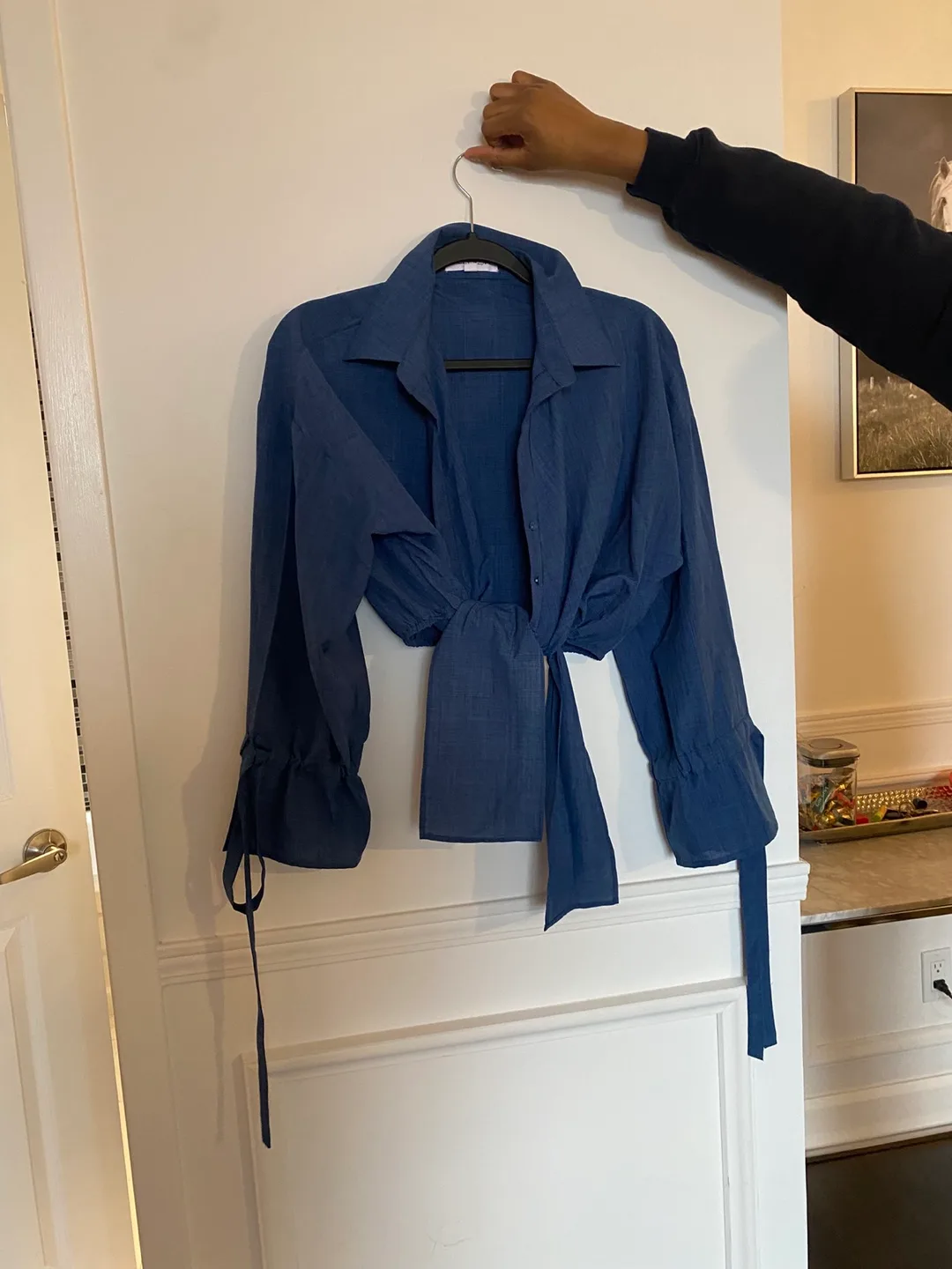 Blue linen wrap blouse thumbnail