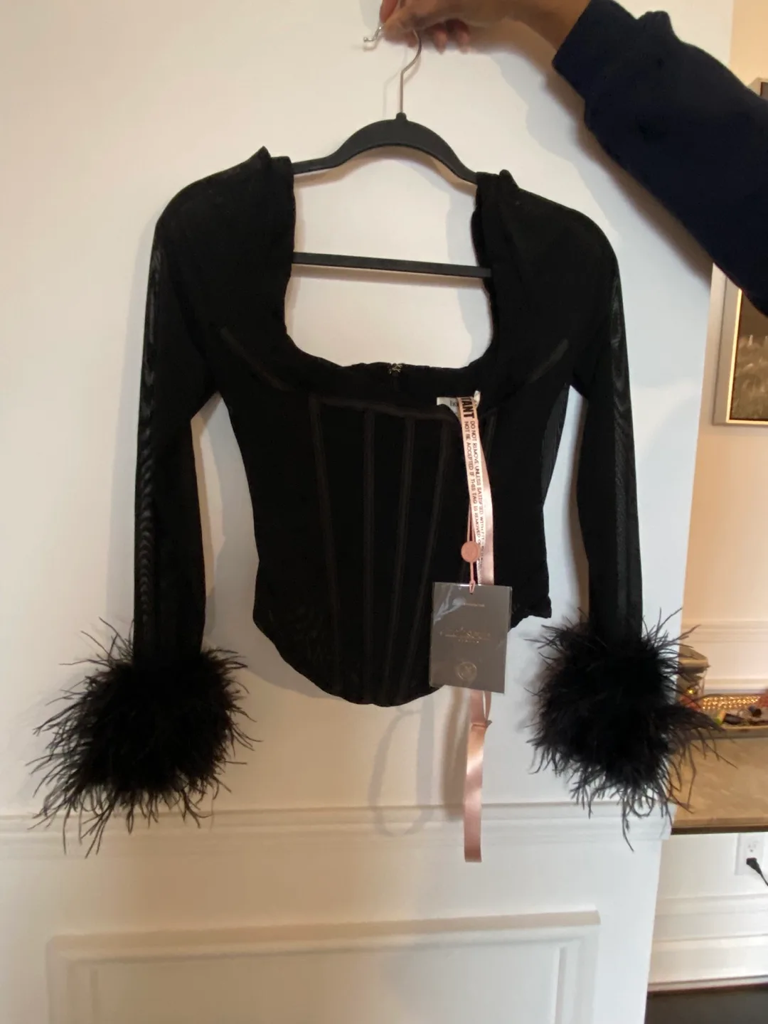 Black Mesh Corset Top with Feather Cuffs thumbnail