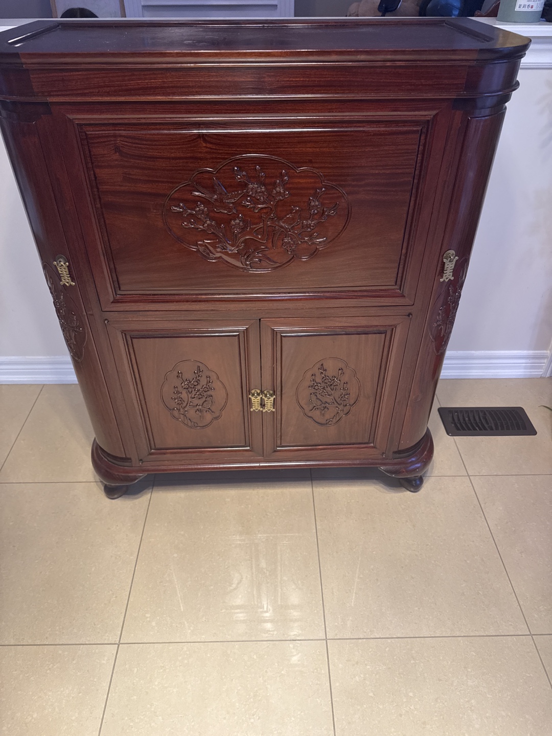 Antique Chinese Carved Rosewood Bar Cabinet