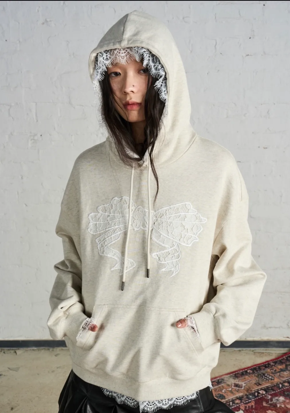 Lace Trim Hoodie Sweatshirt thumbnail