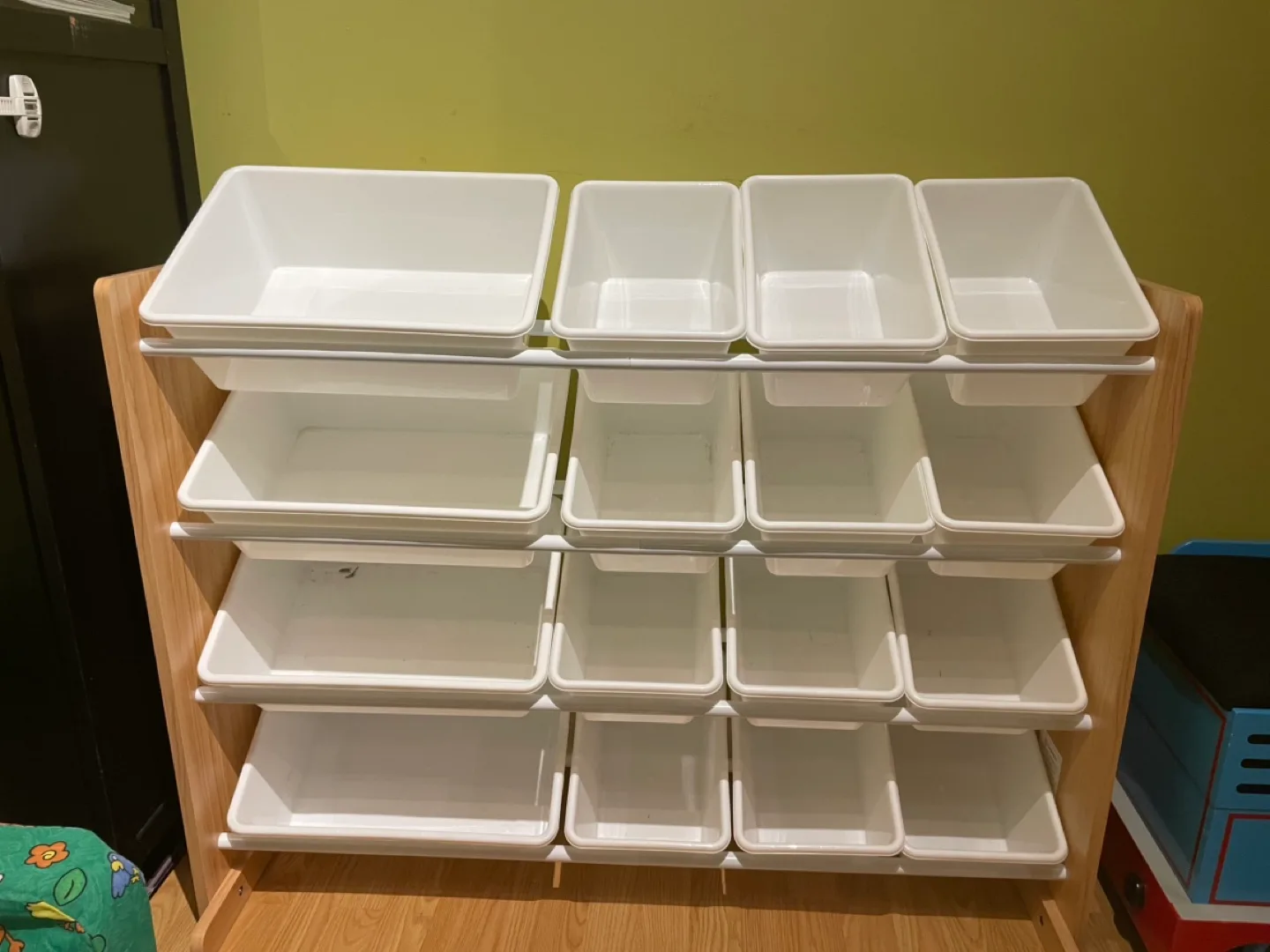 16-Bin Wooden Storage Organizer with White Bins thumbnail