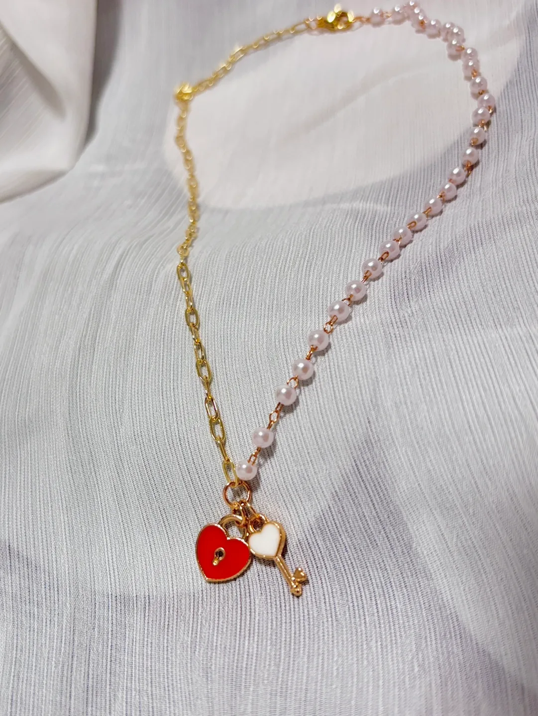 Delicate Pearl and Gold Chain Necklace with Heart & Key Charm thumbnail