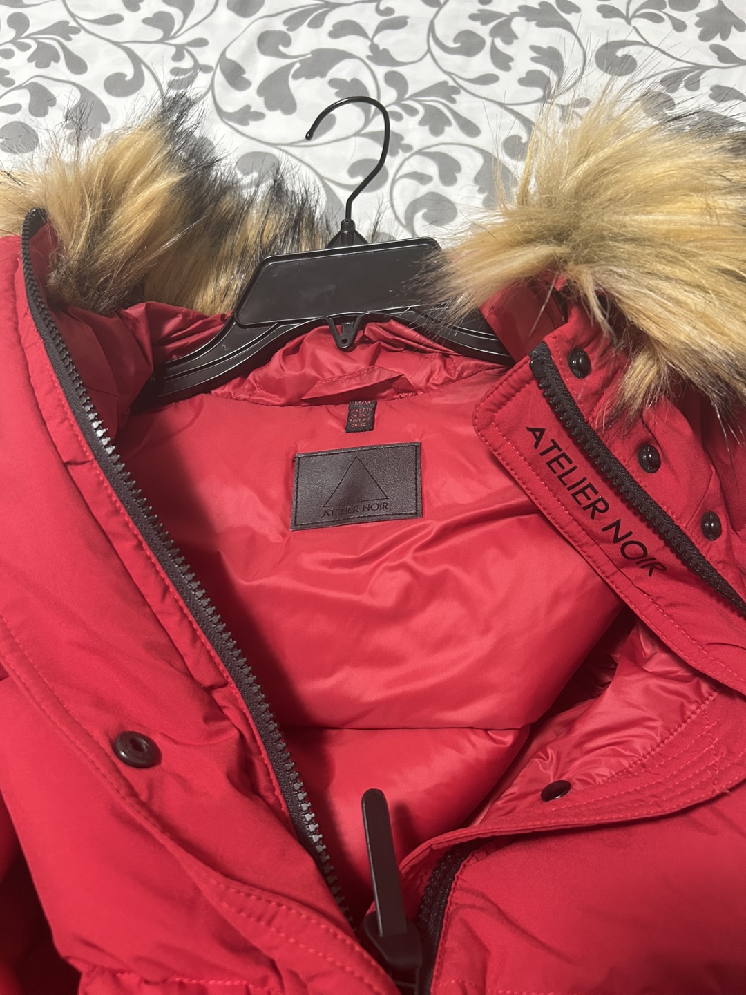 Atelier Noir Red Long Puffer Coat with Faux Fur Hood