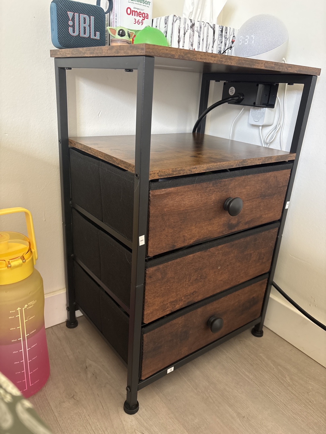 Rustic 3-Drawer Nightstand with Metal Frame - photo 2