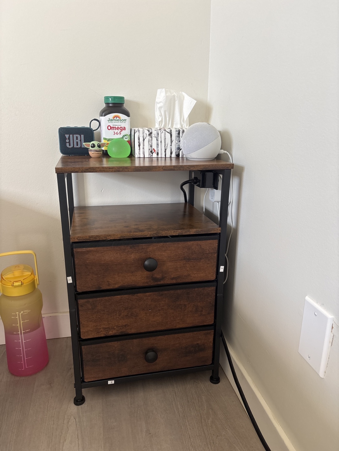 Rustic 3-Drawer Nightstand with Metal Frame
