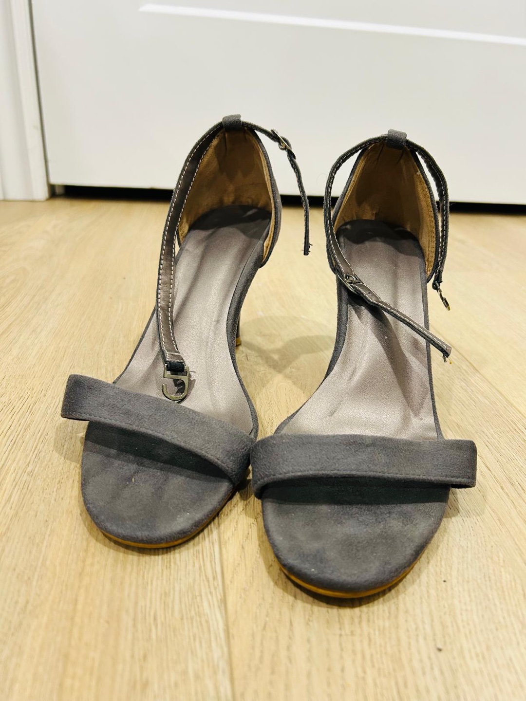 Grey Suede Ankle Strap Heels