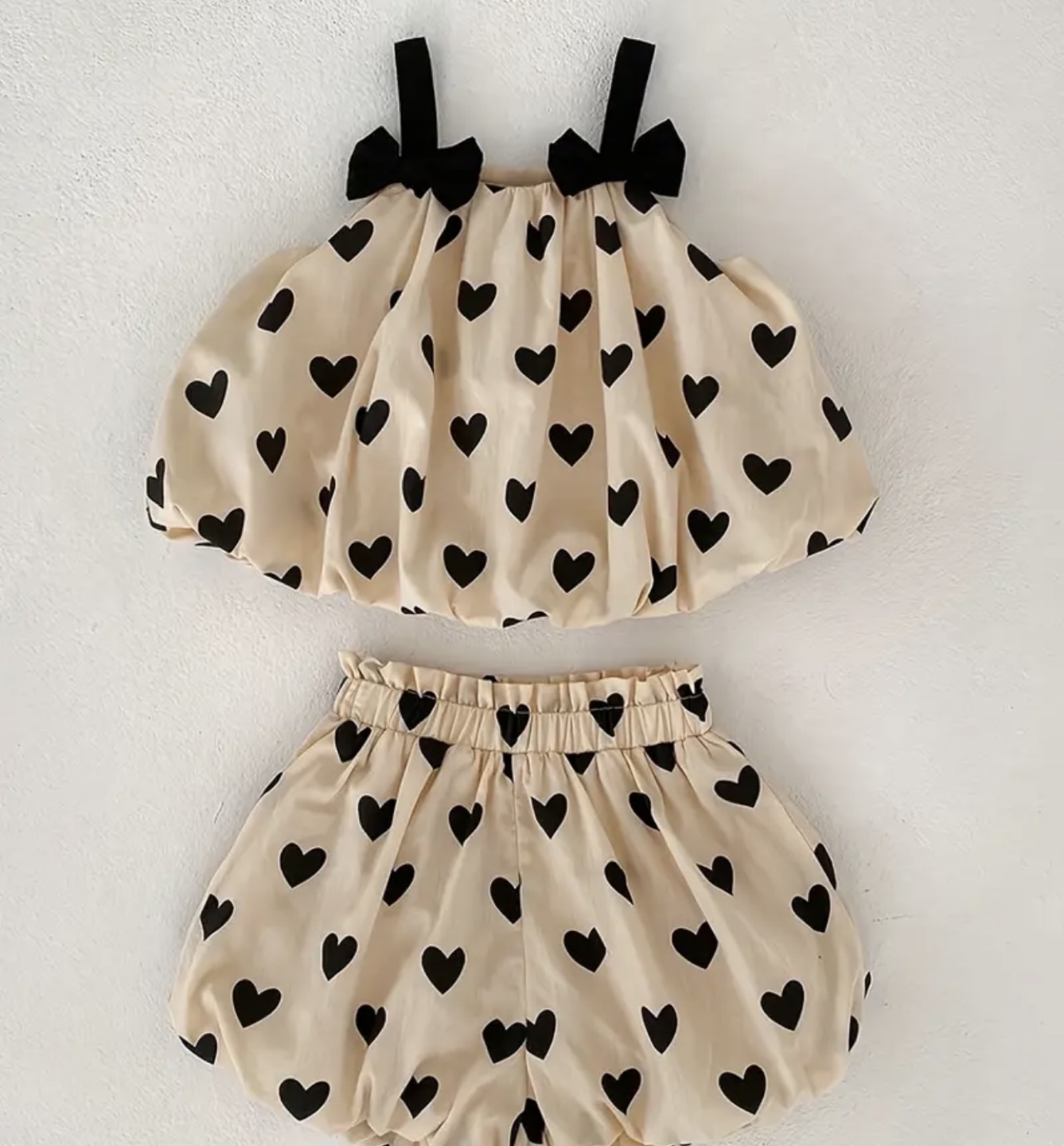 Adorable Girls' Two-Piece Outfit - Black Hearts on Beige