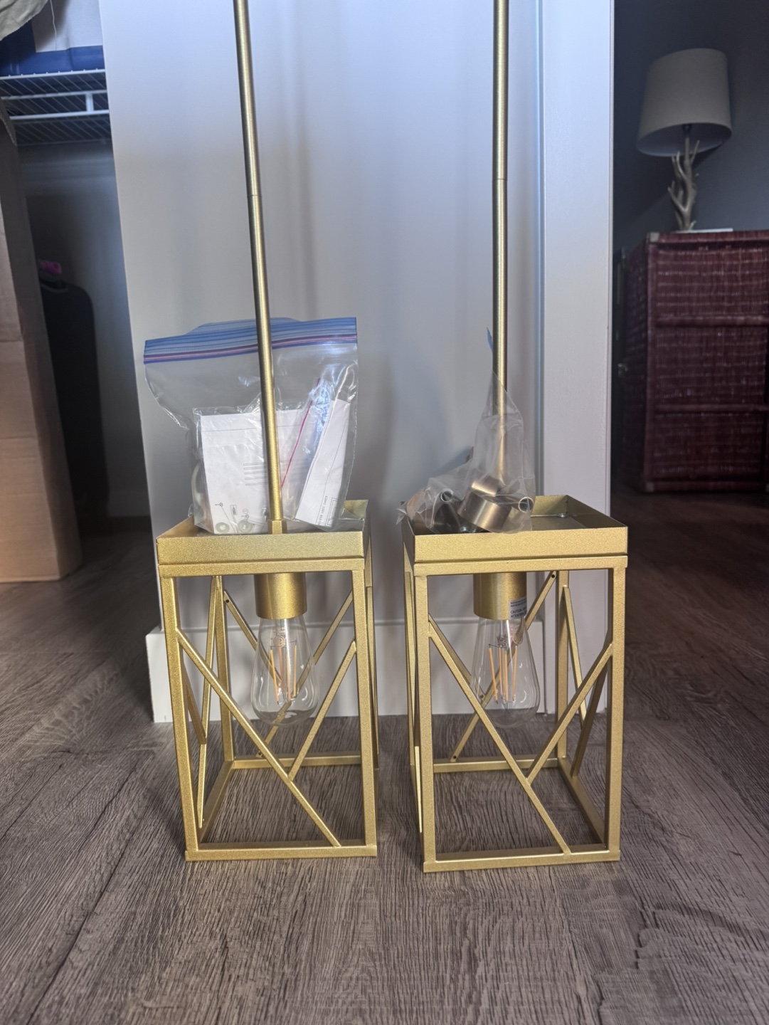 Pair of Gold Geometric Pendant Lights