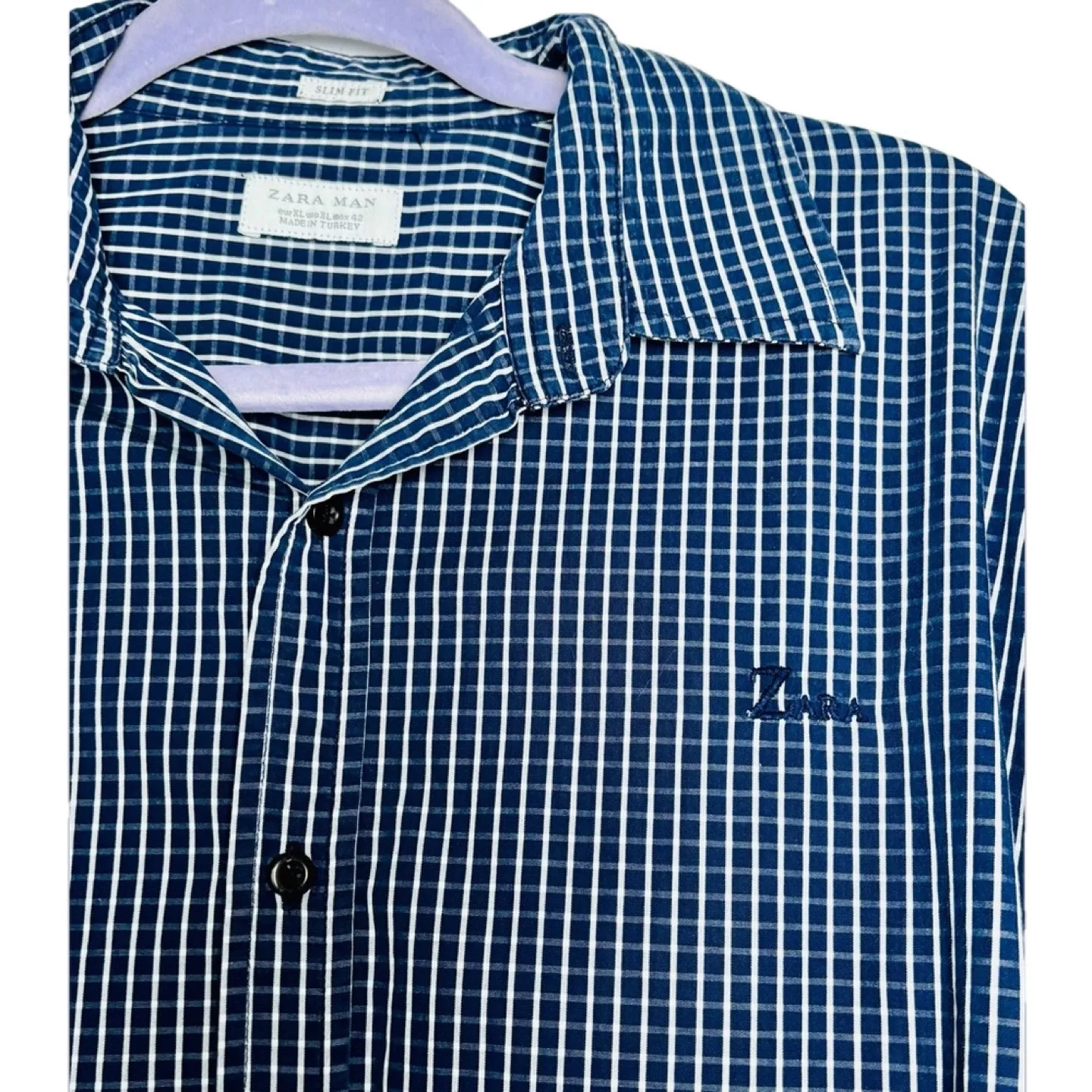 Zara Man Navy Blue & White Checkered Slim Fit Dress Shirt image indicator(4)