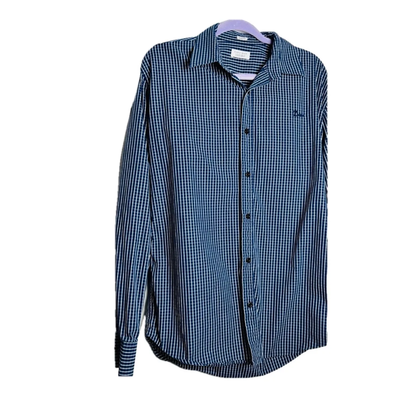 Zara Man Navy Blue & White Checkered Slim Fit Dress Shirt image indicator(2)