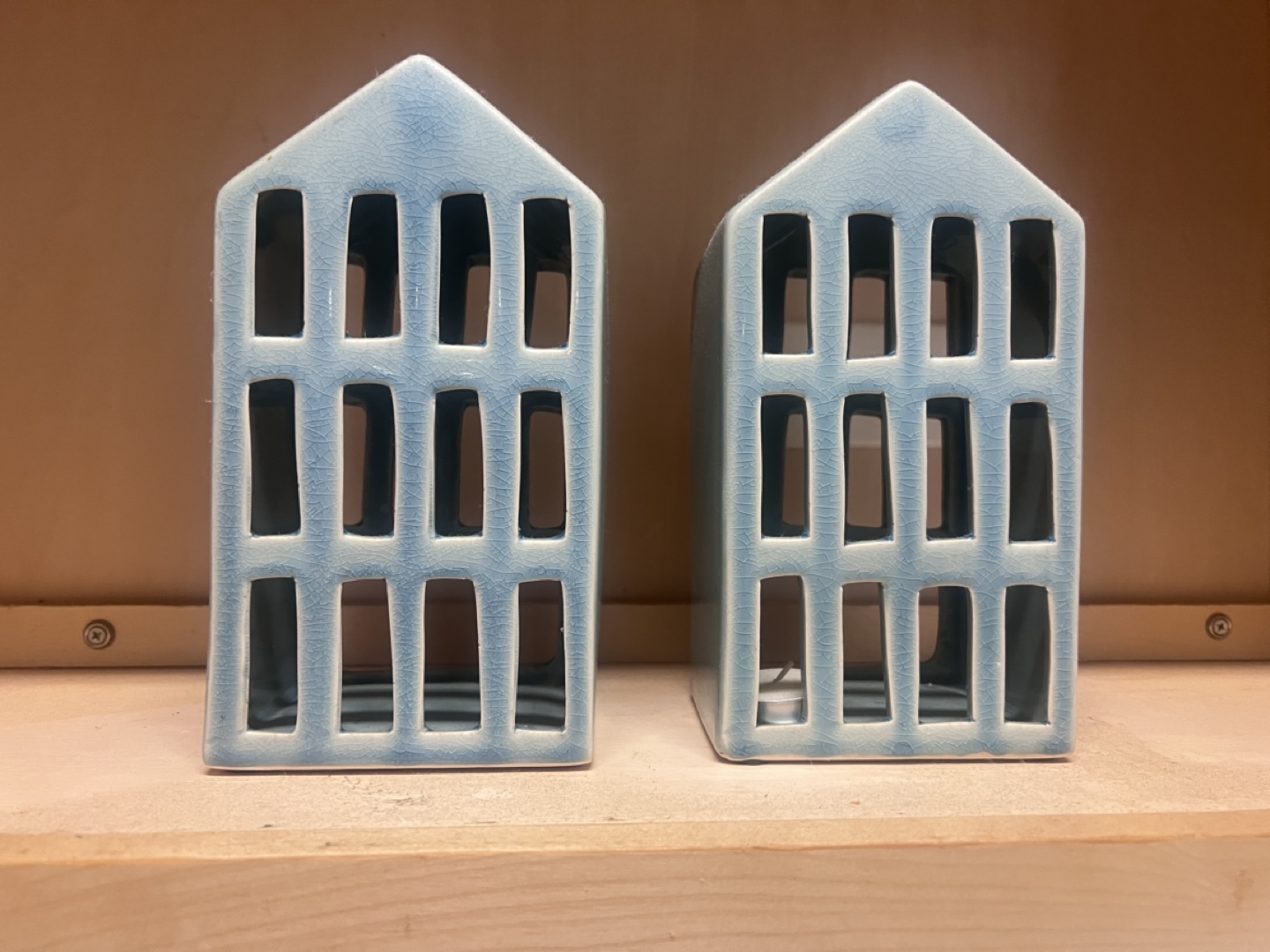 Set of Two Blue Ceramic House Shaped Candle Holders