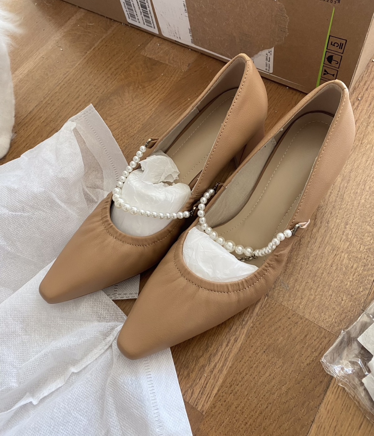 Tan Pearl Detail Heels