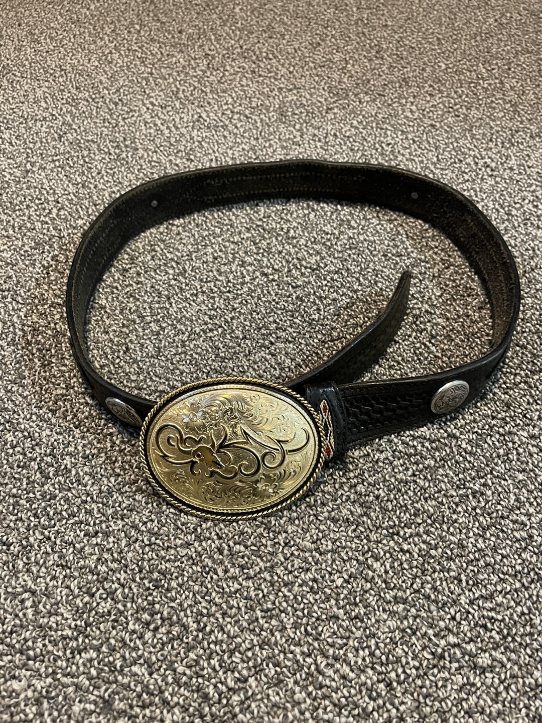 Vintage Leather Belt with Engraved Buckle
