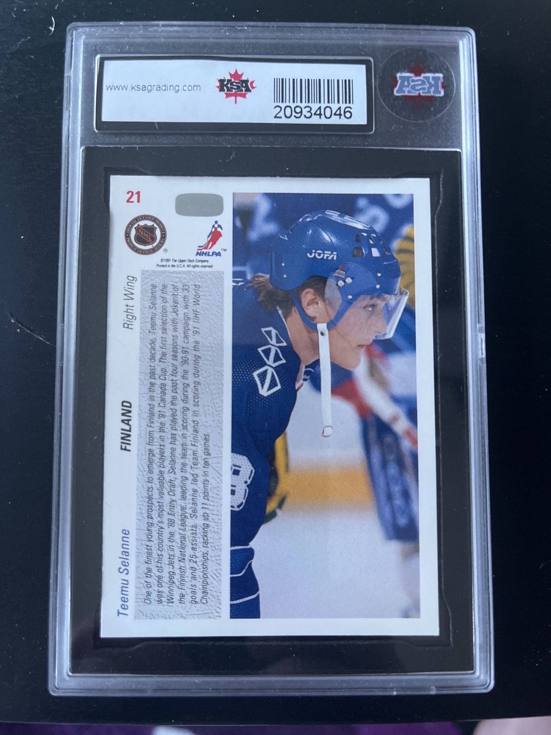 1991-92 Upper Deck Teemu Selänne Rookie Card #21 - Graded 8.5 - photo 2