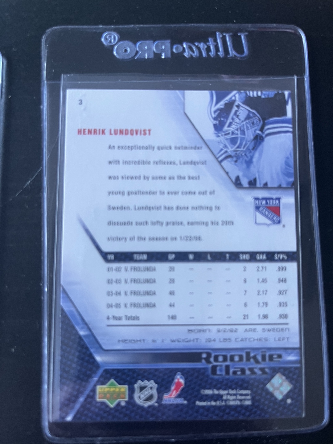 Henrik Lundqvist Rookie Card - Upper Deck - Graded - photo 2