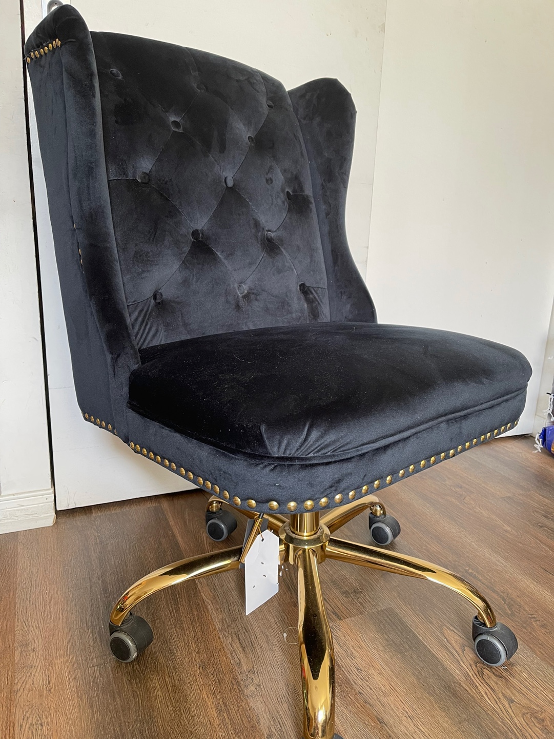 Black Velvet Swivel Office Chair with Gold Base - photo 2